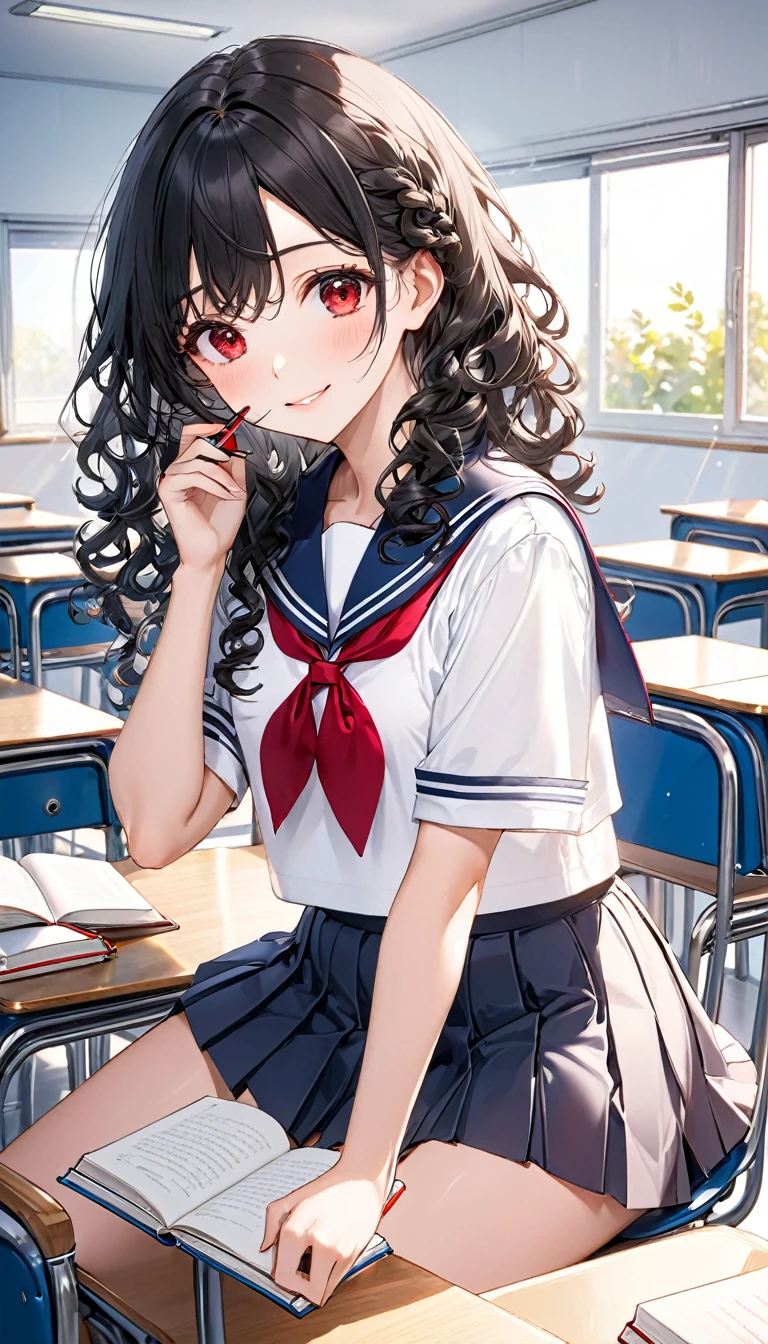 (diligence style) (sit in a desk chair, text books on the wide desk), (15 yo, solo:2 curly:1.3 black hair long hair lovely girl, cute red eyes, soft smile), holding a pen, in a summer school sailor suit, skirt), break, in the school classroom, background a Good friends, BREAK, perfect anatomy, masterpiece, best quality, 16k, beautiful detailed grow, daydreaming expression.