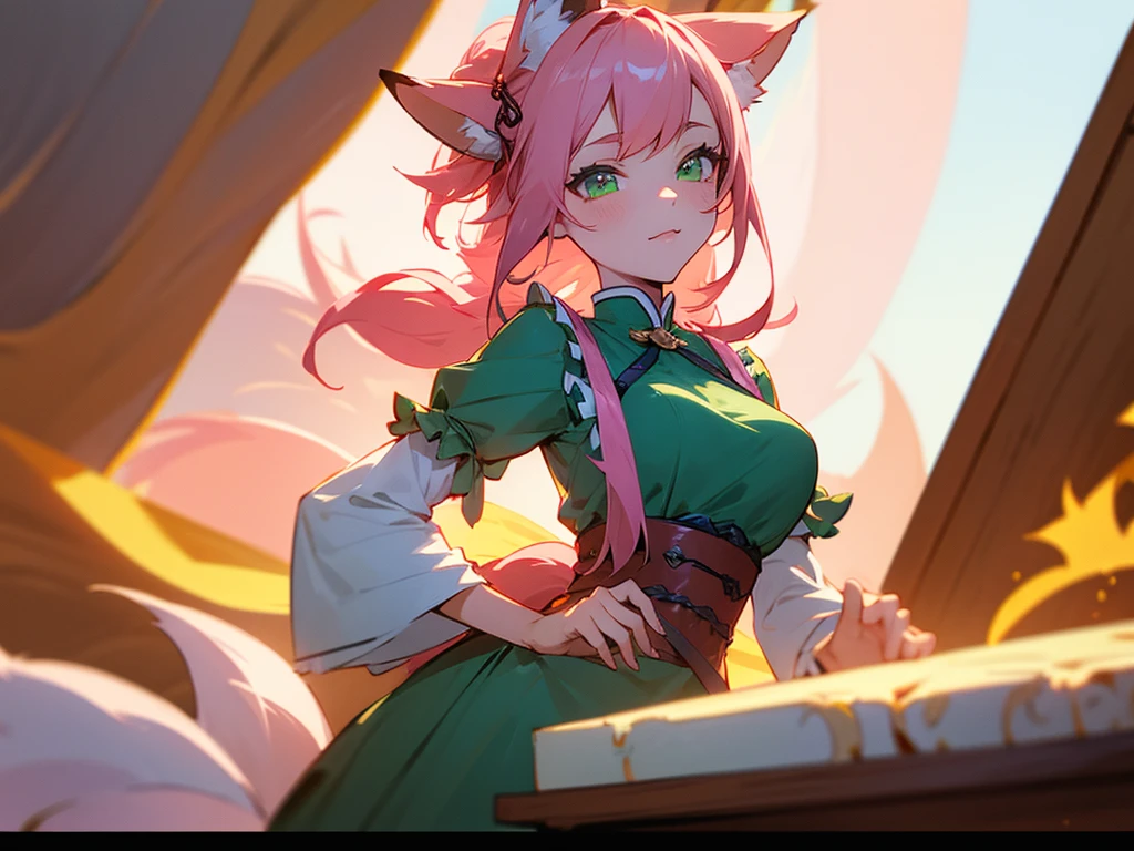 kitsune idol in a tavern, foxgirl, fox ears, fox tails, pink hair, green eyes, light blue idol dress, tavern background, high quality, masterpiece