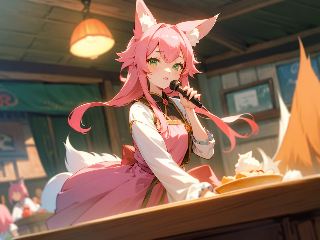 kitsune idol in a tavern, foxgirl, fox ears, fox tails, pink hair, green eyes, light blue idol dress, tavern background, high quality, masterpiece