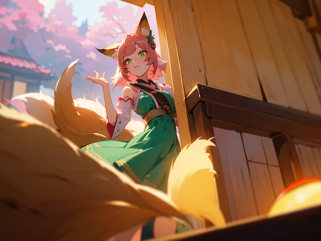 kitsune idol in a tavern, foxgirl, fox ears, fox tails, pink hair, green eyes, light blue idol dress, tavern background, high quality, masterpiece