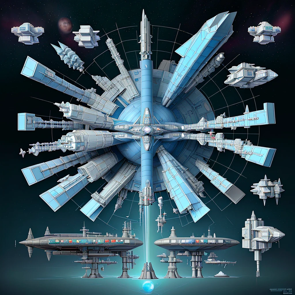 there is a drawing of a space station with a satellite, industrial humanity spaceship, symmetrical outpost, orbital station, blueprint of a spaceship, detailed spacecraft, blueprint of spaceship, hexagonal planetary space base, spaceship design, scifi space station, space station, cargo spaceships, blueprint schematics, detailed spaceship, scifi platform, background space station, spaceship hangar