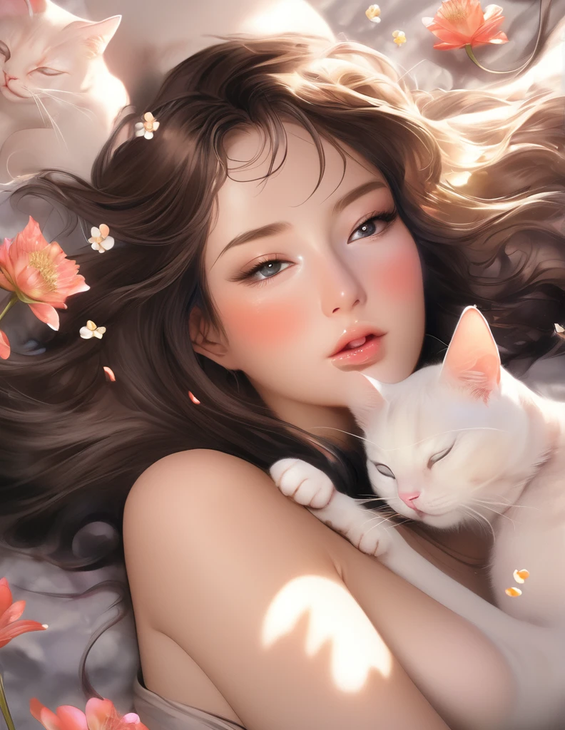 (Harem Manga style:1.2) , Hallucination, daydream , nightmare , Insane Dream , bokeh , erotica , romance ,  nudity girl and realistic cat , Petals fluttering down , (Single eyelids, round nose, swollen cheeks) , glossy lips , Collarbone , Hair blowing in the wind , Goddess of lust , lying back , (hide crotch by cats:1.5) , (hide nipple by cats:1.5) , (close up cat:1.1) , spread legs , bra