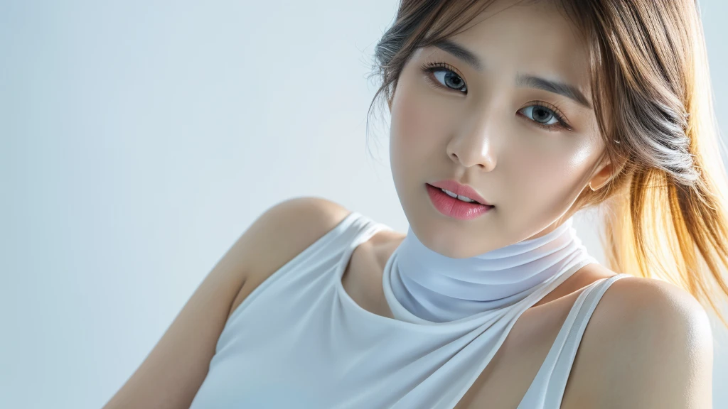 (detailed face),VIVID,normal breasts,pretty,sleeveless and turtle neck white silky clothes,4k ,super high resolution ,(photo-realistic: 1.7),white background,long hair,