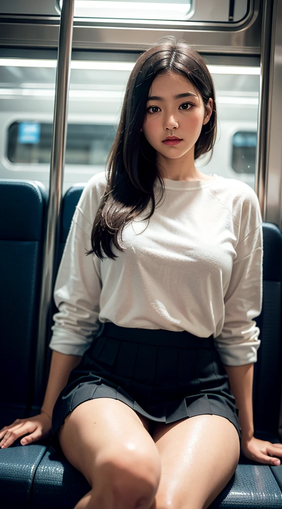 "(masterpiece, High resolution, Ultra High resolution, 4K) Black Hair, 14 year old Japanese girl, Uniform skirt, Accentuate your thighs, White thighs, Soft thighs, Glossy thighs, Sitting on a train, Facing angle, (Angle from below),sitting in a train seat,Sit in front,Zoom camera on crotch,Put your feet on the train floor,whole body,Looking down and sleepy,Watch only viewers", Highest quality, 超High resolution, (Realistic:1.4),, High resolution, detailed, RAW Photos, sharp, Nikon D850 film stock photo by Lee Jefferies 4 Kodak Portra 400 camera F1.6 Lenses、Rich colors、Ultra-realistic and lifelike textures、Dramatic lighting、Unreal Engine、Art Station Trends、Cinestar 800,