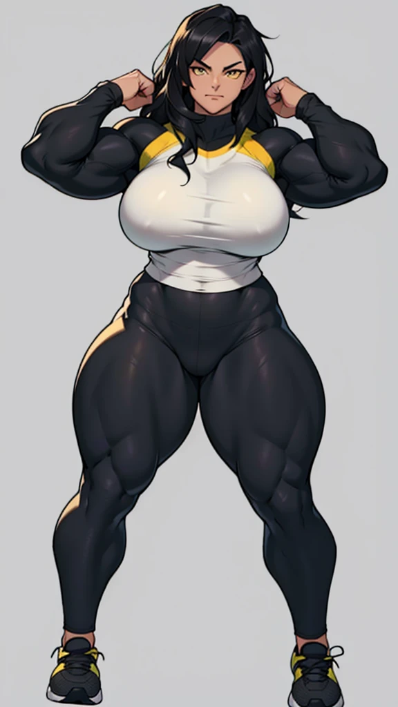 massive breasts huge muscles muscular girl toned body bodybuilder grey background full body leggings tight shirt black hair yellow eyes pale skin long hair thick thighs thick thick thick thick tight long sleeve facing the camera