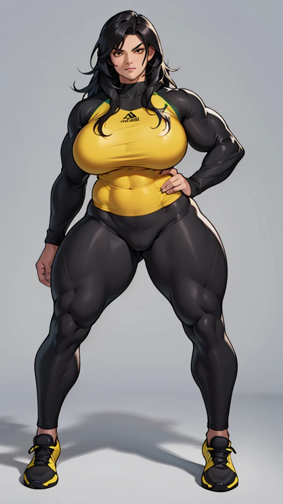 massive breasts huge muscles muscular girl toned body bodybuilder grey background full body leggings tight shirt black hair yellow eyes pale skin long hair thick thighs thick thick thick thick tight long sleeve facing the camera