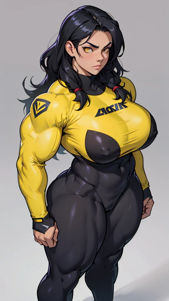 massive breasts huge muscles muscular girl toned body bodybuilder grey background full body leggings tight shirt black hair yellow eyes pale skin long hair thick thighs thick thick thick thick tight long sleeve facing the camera