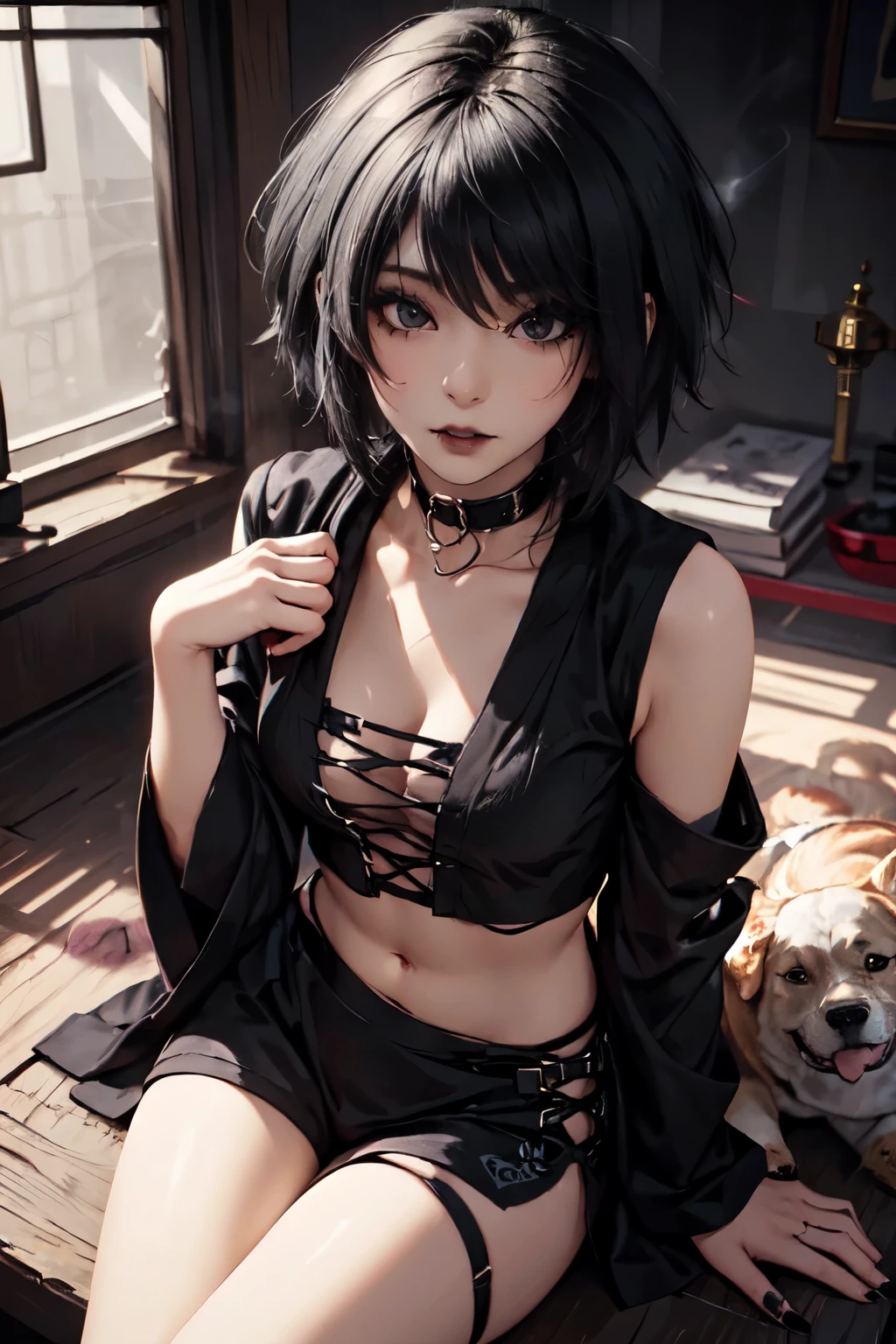 Girl, woman, emo_hairstyle, black lipstick, dog collar, eyeliner, eye shadow, smoky eyes, realistic lighting, short hair, thighighs, monk, Taoist robe, open cut clothes.