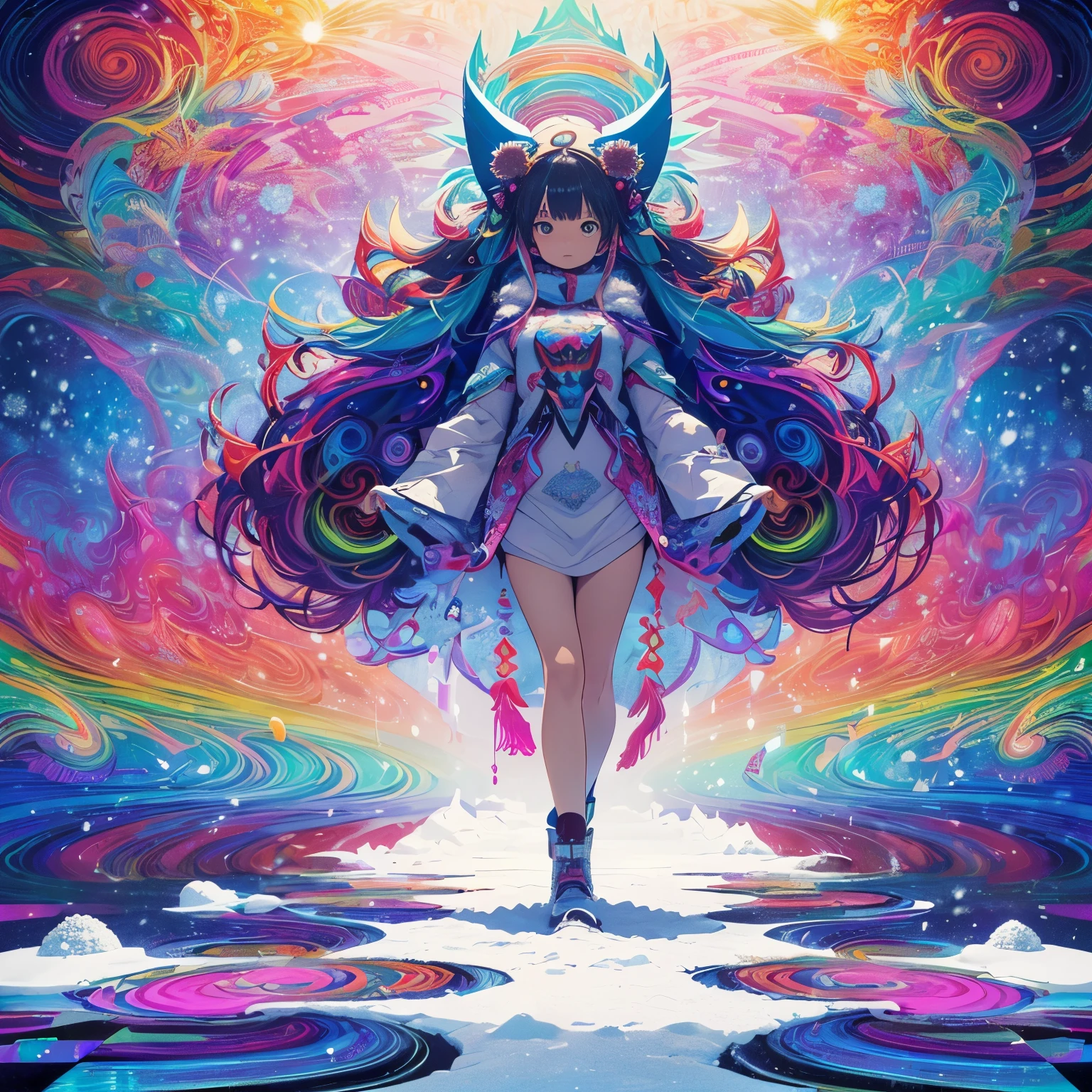 Highest quality、Tabletop、1 Female、solo、(Abstract art:1.4),(Psychedelic Theme:1.6),(Gunjo World:1.5),(Snow World:1.5),(Winter World:1.5),There's a beautiful woman in the center of the world,A ray of light spreads,Crystals spreading from the center,Prisma(Nostalgic atmosphere),Cool morning clouds are calm and peaceful,Like multicolored glass,Garden Girl,Gentle sunlight,Breeze,Delicate flowers,Butterflies fluttering,Captivating natural beauty,Shining Star Fragment,Ice crystals,
