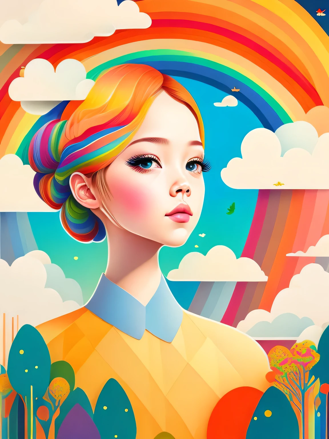 (masterpiece, best quality:1.2),art illustration，girl portrait，often neck，hair by clouds，baiyun，rainbow，The composition，stitching，trees， rainbow,  , Contrasting colors, in the spring landscape, Abstract surreal colors,rich and colorful, popular geometric surrealism, Rainbow colored dreams， icon design, Rozmin trip, vector art，