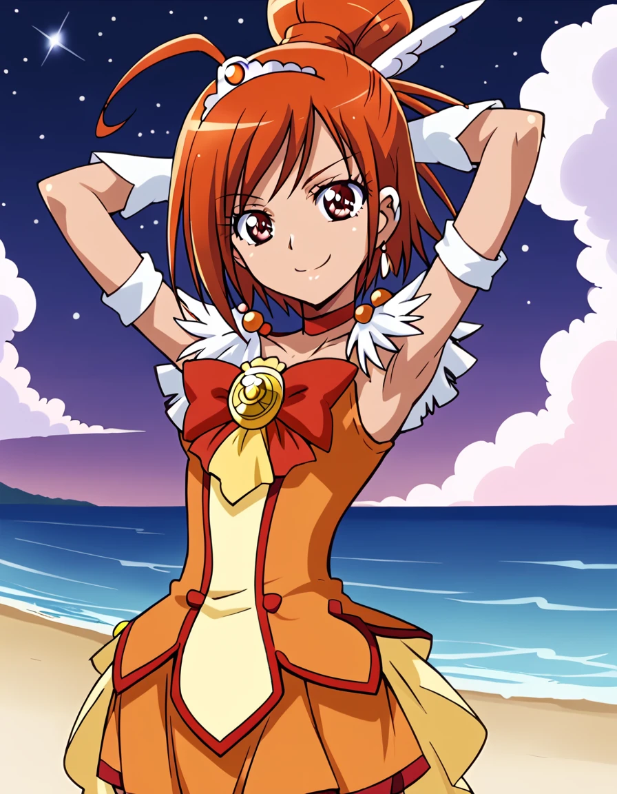 curesunny, shiny skin, high quality, solo, 1girl, night sky, beach, arms behind head, (contrapposto), closed mouth, spread armpits, (cowboy shot:1.5), looking at viewer, best quality, smile,