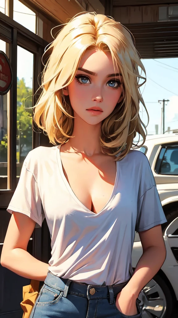 （realistic， A high resolution：1.3）， 1 girl with perfect body，slender body, Super beautiful face and eyes，Boho bob hair，blonde hair,  T-shirt in random colors：1.2， Short jeans，Expose the cleavage