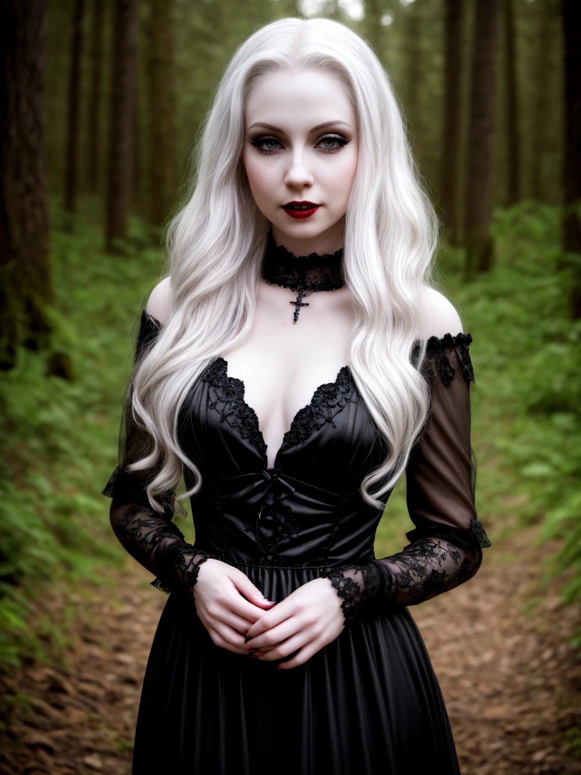 female sexy vampire|albino, pale porcelain skin, sexy vintage black dress, smile, shallow depth of field, grin|creepy, nightfall, detailed face, night, wide hips, narrow waist, portrait of woman standing, detailed eyes, portrait of woman standing, 8k RAW photo, highest quality, looking at the viewer, best shadow, intricate details, long hair, bright eyes, forest, grave, gothic, goth detailed, highres, high qualilty, high saturation