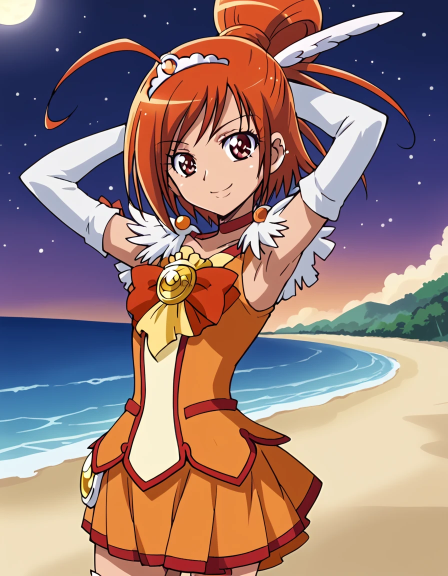 curesunny, shiny skin, high quality, solo, 1girl, night sky, beach, arm behind head, hand on hip, (contrapposto), closed mouth, spread armpits, (cowboy shot:1.5), looking at viewer, best quality, smile,