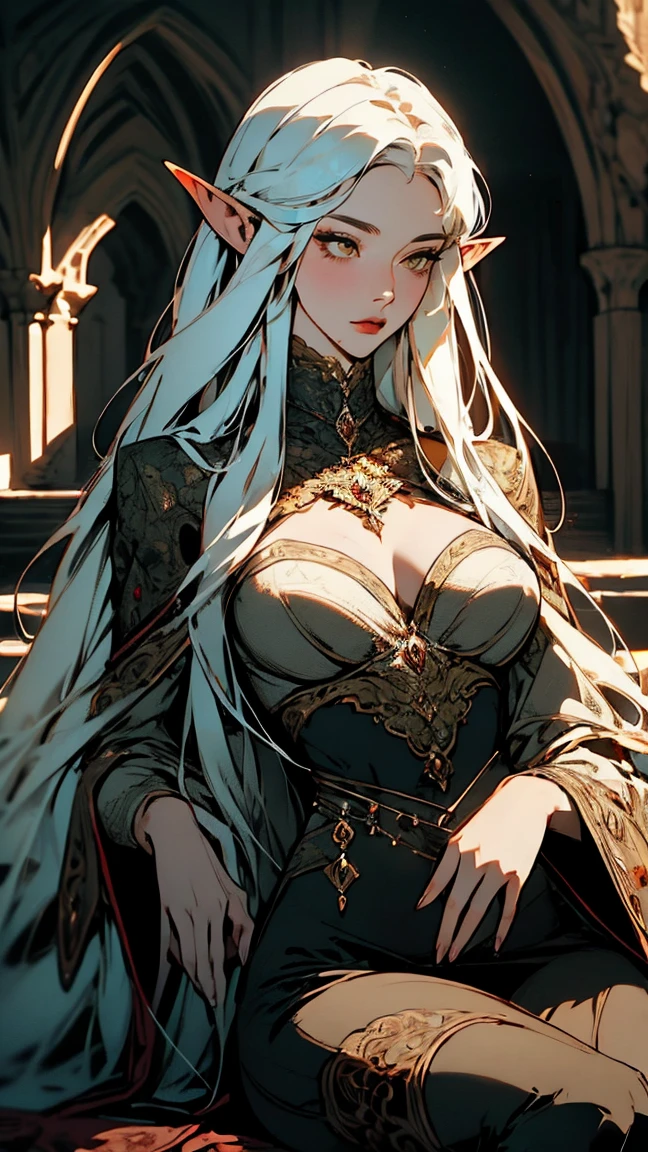 { -  error}(Masterpiece - Ultra-detailed, very high resolution) Prepare to be enchanted by a true masterpiece that combines ultra-detailed art with high-resolution rendering. . meman. This work depicts a mesmerizing adult elf with long white hair (1.3) and captivating yellow eyes (1.2), emanating an aura of elegance and mystery in medieval settings. The intricate details and realistic textures invite you to explore every aspect of this enchanting composition. Woman wearing elf costumes. Red lips. No . small . NO . pés no chão, corpo inteiro, pés amostra. Get ready to dive into a world where beauty and craftsmanship merge perfectly