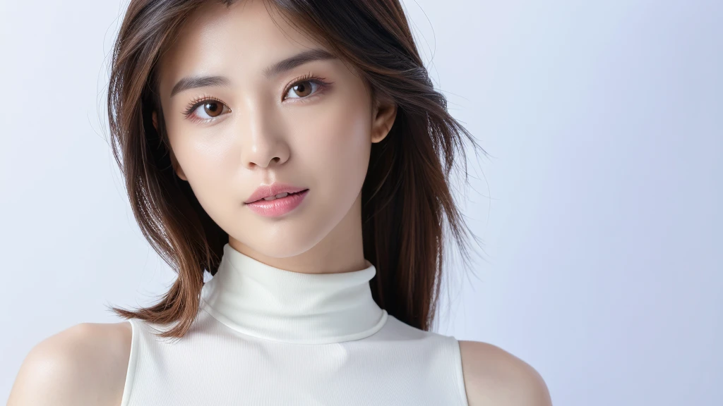 (detailed face),VIVID,normal breasts,pretty,sleeveless and turtle neck white silky clothes,4k ,super high resolution ,(photo-realistic: 1.7),white background,long hair,