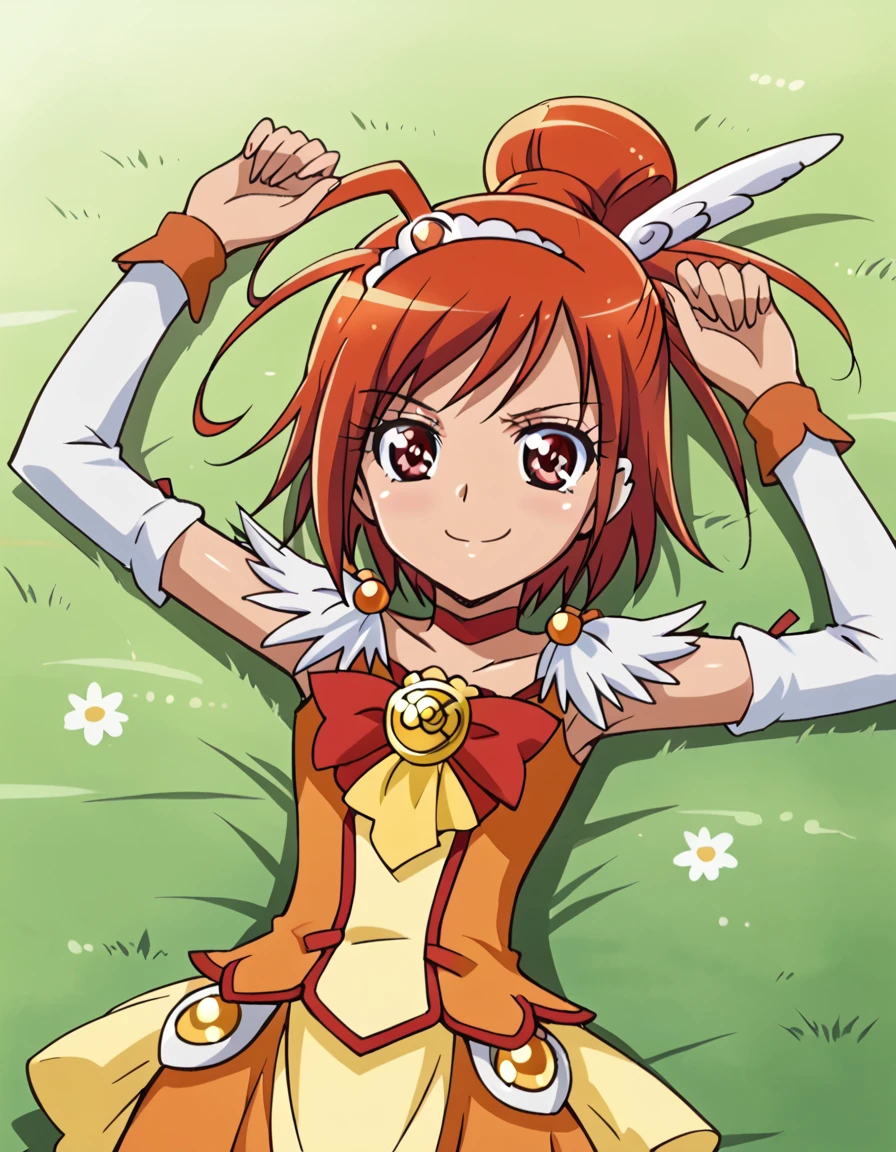 curesunny, shiny skin, high quality, solo, lying, on back, arms up, spread arms, closed mouth, on grass, (cowboy shot:1.5), looking at viewer, nervous, smile, best quality,