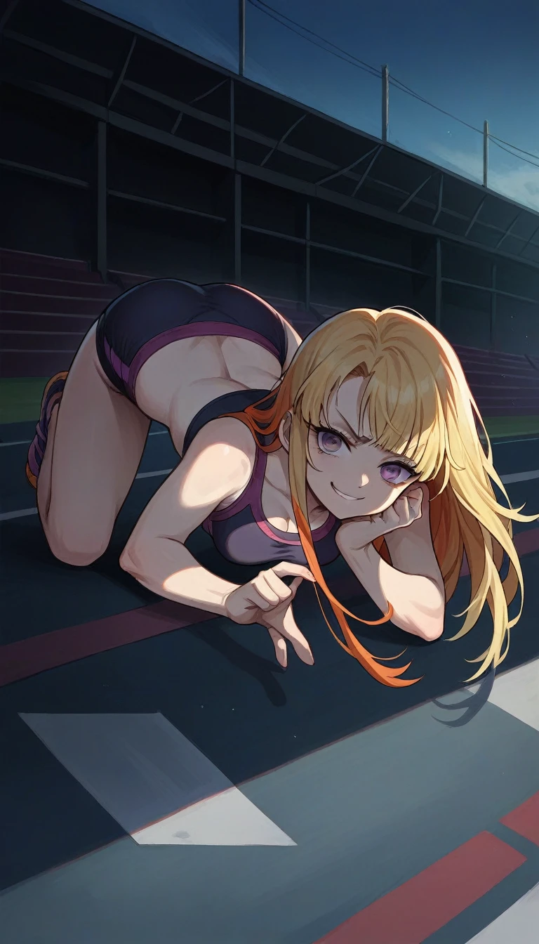 Nezuko from demon slayer, cyberpunk artstyle, Masterpiece, best quality, 1girl, solo, , quarter Japanese, blonde hair, long hair, purple eyes, side parted bangs, short bangs, smile, medium breasts, sports bra, buruma, outdoors, track and field, smug