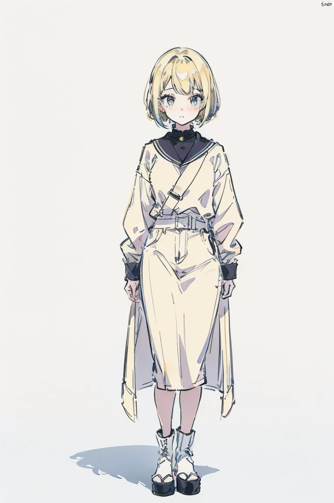 22year old, girl, white background, kawaii, full body, blonde hair, bob hair