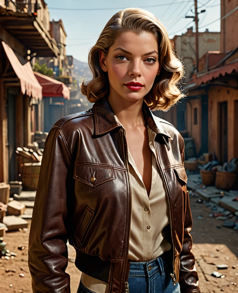 American Plan, ultra net, Face camera, sur fond uni clair, studio, beautiful young woman resembling young Lauren Bacall, 30 ans, yeux bleus, casual wear : Dirty old dark smuggler's dark brown leather bomber jacket,silk shirt, faible revenu, Photorealistic portrait, Perfect detailed body, Stunning realistic photography, rendu 3D, rendu octane, meticulously detailed, cinematic, isometric, Hyperrealistic cover photo centered, awesome color, high-definition, cutscene, gagnant du concours Behance, ultra high def, 8k, mise au point ultra nette, Intricate masterpiece of art