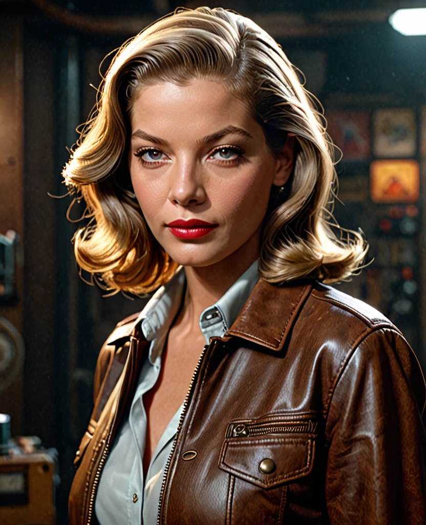 American Plan, ultra net, Face camera, sur fond uni clair, studio, beautiful young woman resembling young Lauren Bacall, 30 ans, yeux bleus, casual wear : Dirty old dark smuggler's dark brown leather bomber jacket,silk shirt, faible revenu, Photorealistic portrait, Perfect detailed body, Stunning realistic photography, rendu 3D, rendu octane, meticulously detailed, cinematic, isometric, Hyperrealistic cover photo centered, awesome color, high-definition, cutscene, gagnant du concours Behance, ultra high def, 8k, mise au point ultra nette, Intricate masterpiece of art