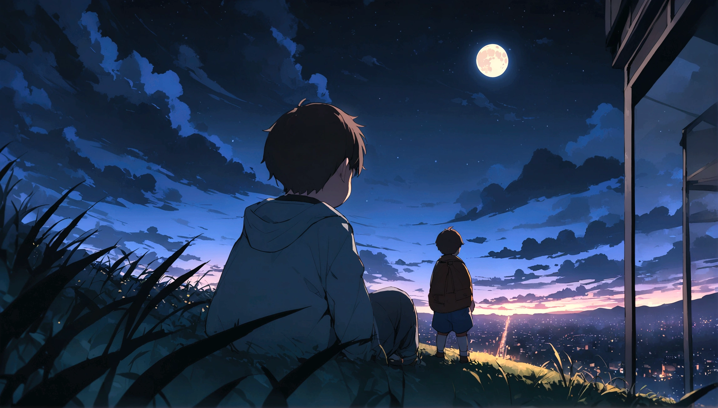 City of night、Night Skyは素晴らしい、Night Sky、3 year old little boy sitting on top of a building、Brown Hair、Back view、The city is brightly lit by the moon、Highest quality、Anime Scenery、Xin Haichen、building、Field、Night Sky 110207, distant 3 year old little boy staring at the，（Zoom out：1.1），（Night Sky：1.2）、（Night Sky：1.1，yourname、Low Angle、From behind、Alola、Night Sky、grassland、Standing in the Field、Highest quality、masterpiece、cloud、colorful、Night Sky、