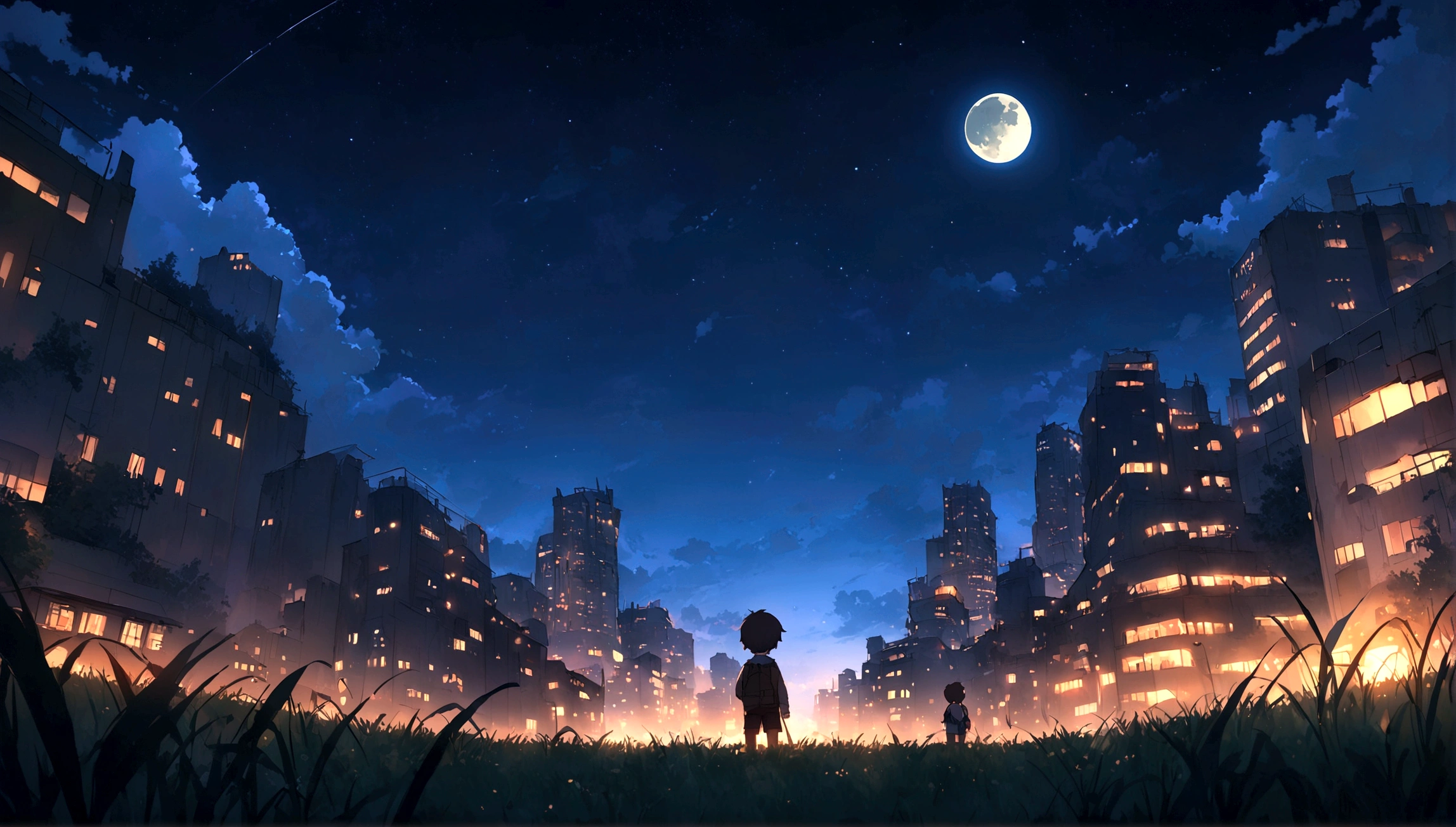 City of night、Night Skyは素晴らしい、Night Sky、3 year old sitting on top of a building、Brown Hair、Back view、The city is brightly lit by the moon、Highest quality、Anime Scenery、Xin Haichen、building、Field、Night Sky 110207, distant 3 year old little boyt the,(Zoom out:1.1),(Night Sky:1.2)、(Night Sky:1.1,yourname、Low Anglem behind、Alola、Night Sky、grassland、Standing in the Field、Highest quality、masterpiece、cloud、colorful、Night Sky、