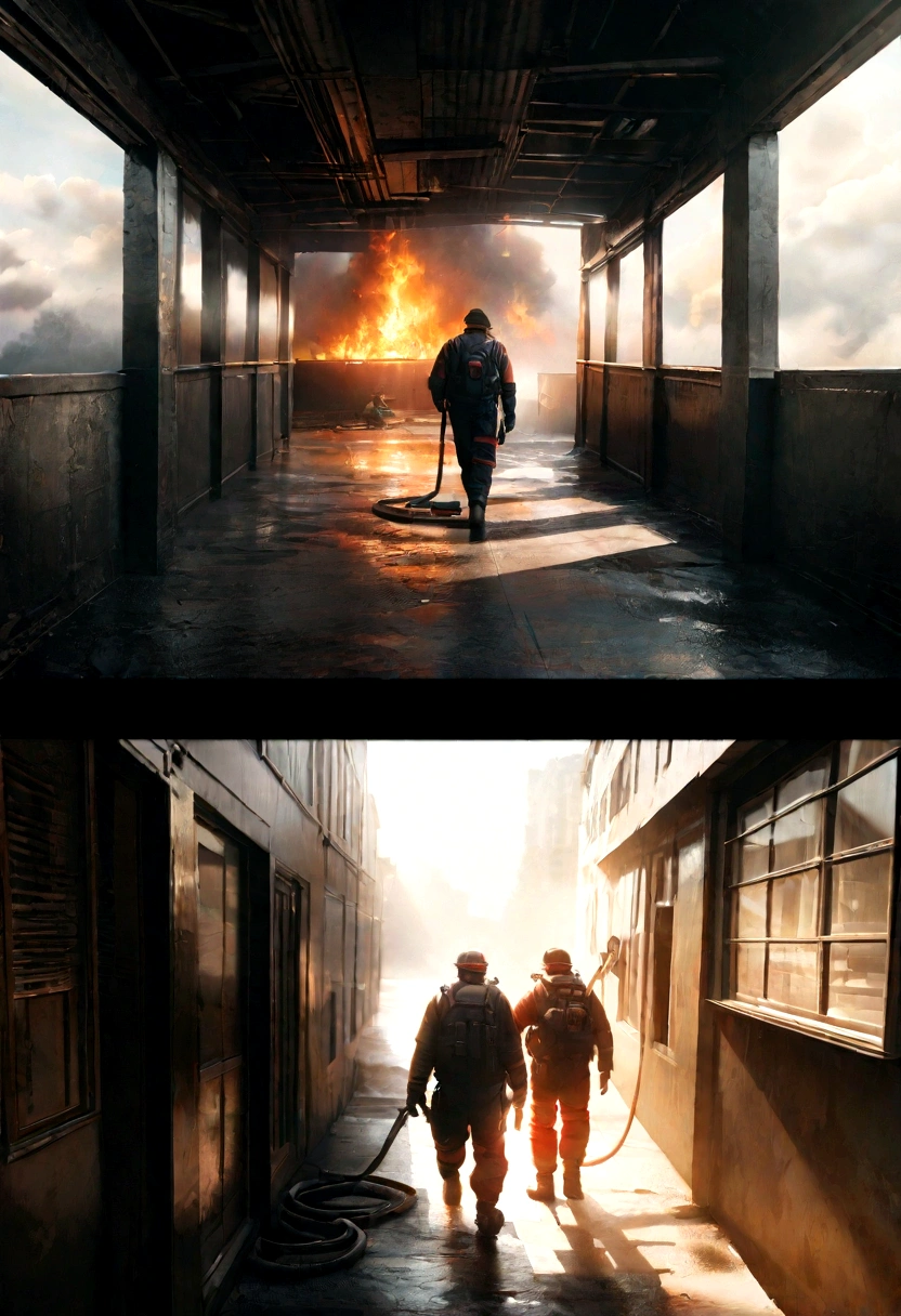 True, realistic, cinematic quality, super detail, super quality, super hd, real photography, fire evacuation, sunshine, fog, inside building