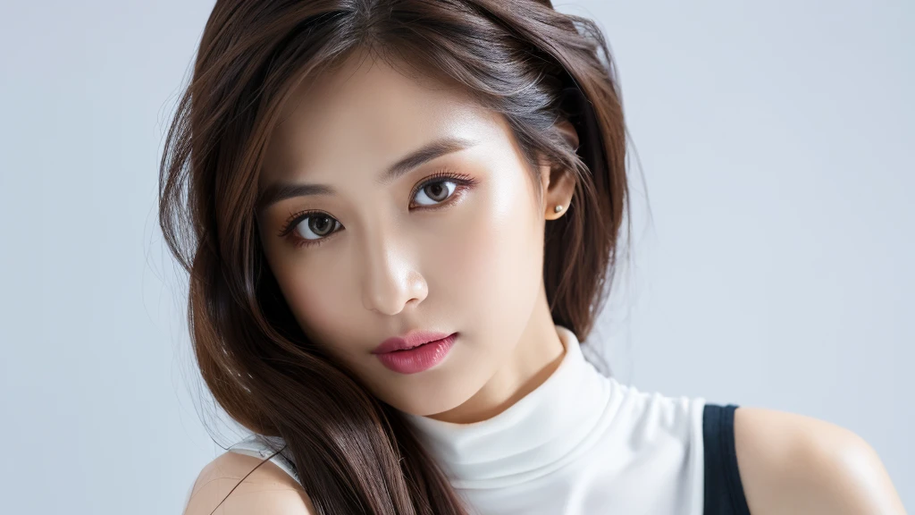 (detailed face),VIVID,normal breasts,pretty,sleeveless and turtle neck white silky clothes,4k ,super high resolution ,(photo-realistic: 1.7),white background,long hair,