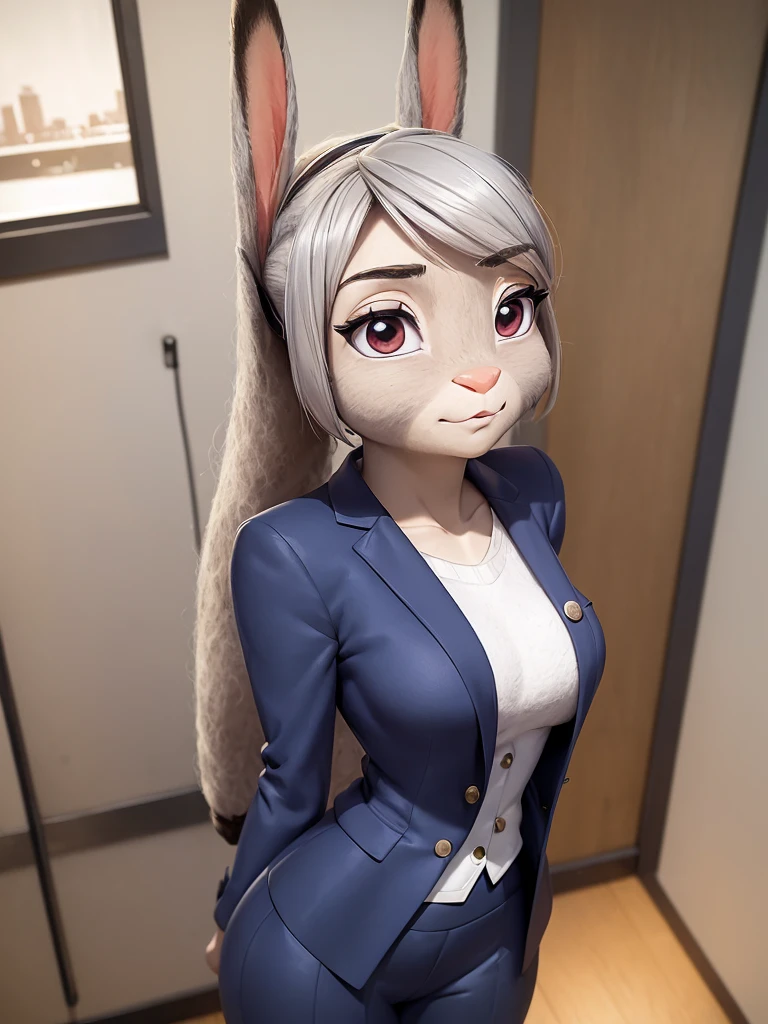 best quality, masterpiece, 3D anime, (((solo))), (((1girl))), ((Face is JudyHopps)), (long ears like a rabbit:0.8), Heir is beige ponytail style, Body is human lady, Navy blue business suit, Tailored jacket, White blouse, Skirt, (the suit is made of wool:1.4), suit color is {gray stripe, red, yellow, green, white, black}, ((skin is silver with fluffy and fluffy)), (portrait view), In the background there is a office space, Her expression shows subtle makeup, with a sense of nervousness and determination