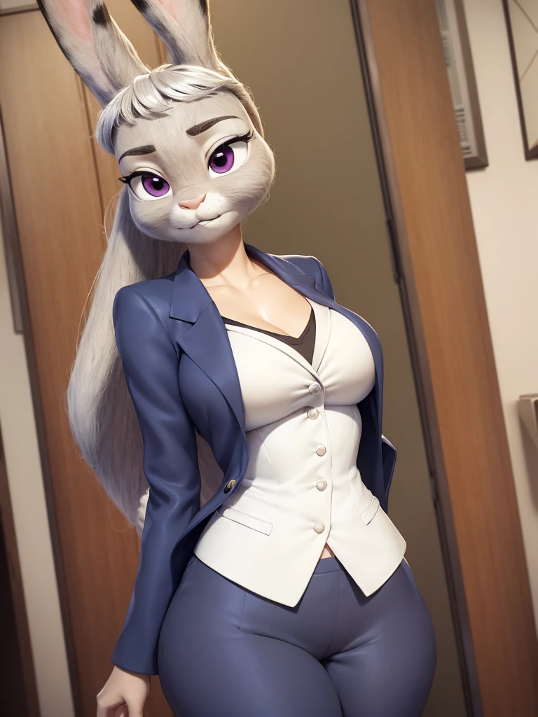 best quality, masterpiece, 3D anime, (((solo))), (((1girl))), ((Face is JudyHopps)), (long ears like a rabbit:0.8), Heir is beige ponytail style, Body is human lady, Navy blue business suit, Tailored jacket, White blouse, Skirt, (the suit is made of wool:1.4), suit color is {gray stripe, red, yellow, green, white, black}, ((skin is silver with fluffy and fluffy)), (portrait view), In the background there is a office space, Her expression shows subtle makeup, with a sense of nervousness and determination