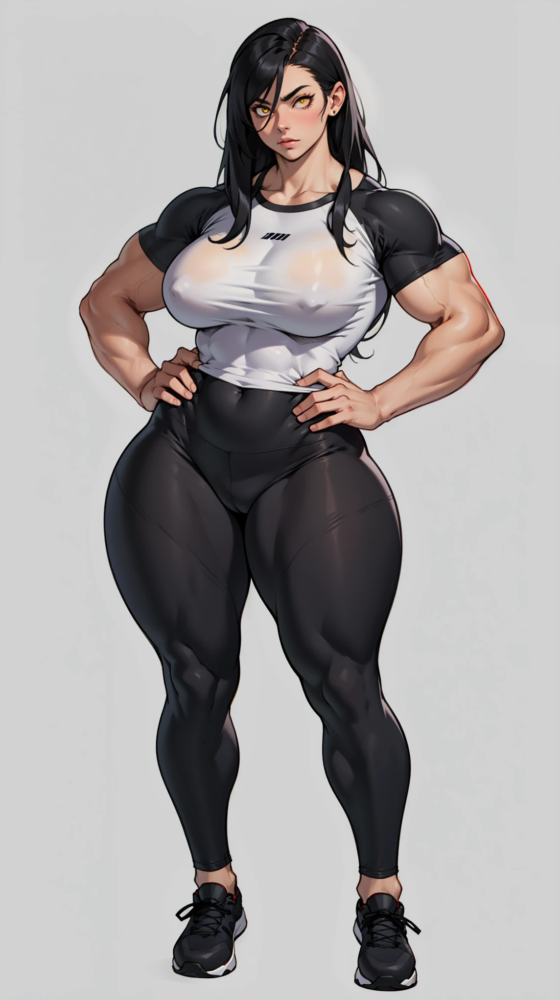 massive breasts huge muscles muscular girl toned body bodybuilder grey background full body leggings tight shirt black hair yellow eyes pale skin long hair wide hips curvy thick thighs thick thick thick thick tight