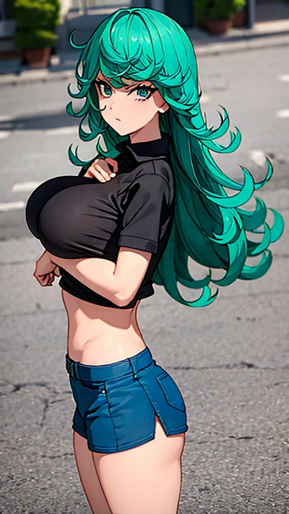 ((best quality)), ((masterpiece)), (detailed), perfect face, blue top, crop top, blue fitted dolphin shorts, huge breasts, huge ass , green hair