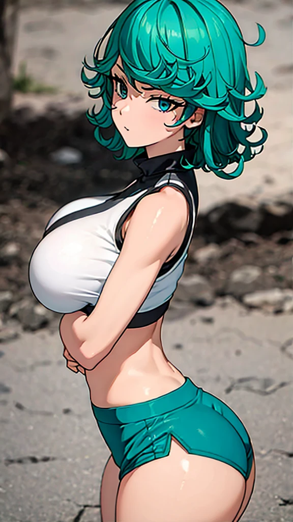 ((best quality)), ((masterpiece)), (detailed), perfect face, blue top, crop top, blue fitted dolphin shorts, huge breasts, huge ass , green hair