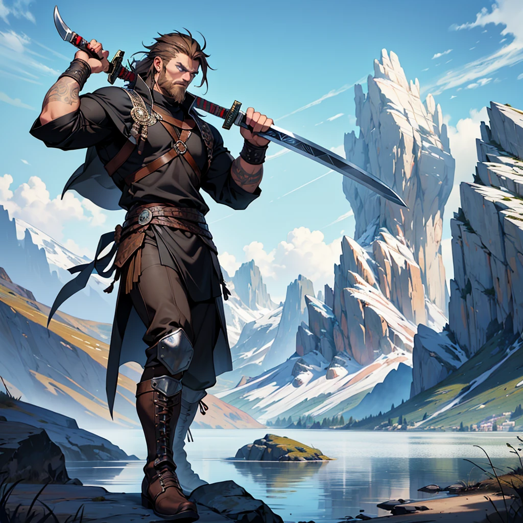 Vector design one black tatto Viking left arm, a full body muscular Viking man, muscular legs, holding just one big sword in his right hand, perfect hands, brown hair parted with bangs, perfect realistic blue eyes, wearing warrior leather boot, wearing warrior boots, lake and mountains in the background.