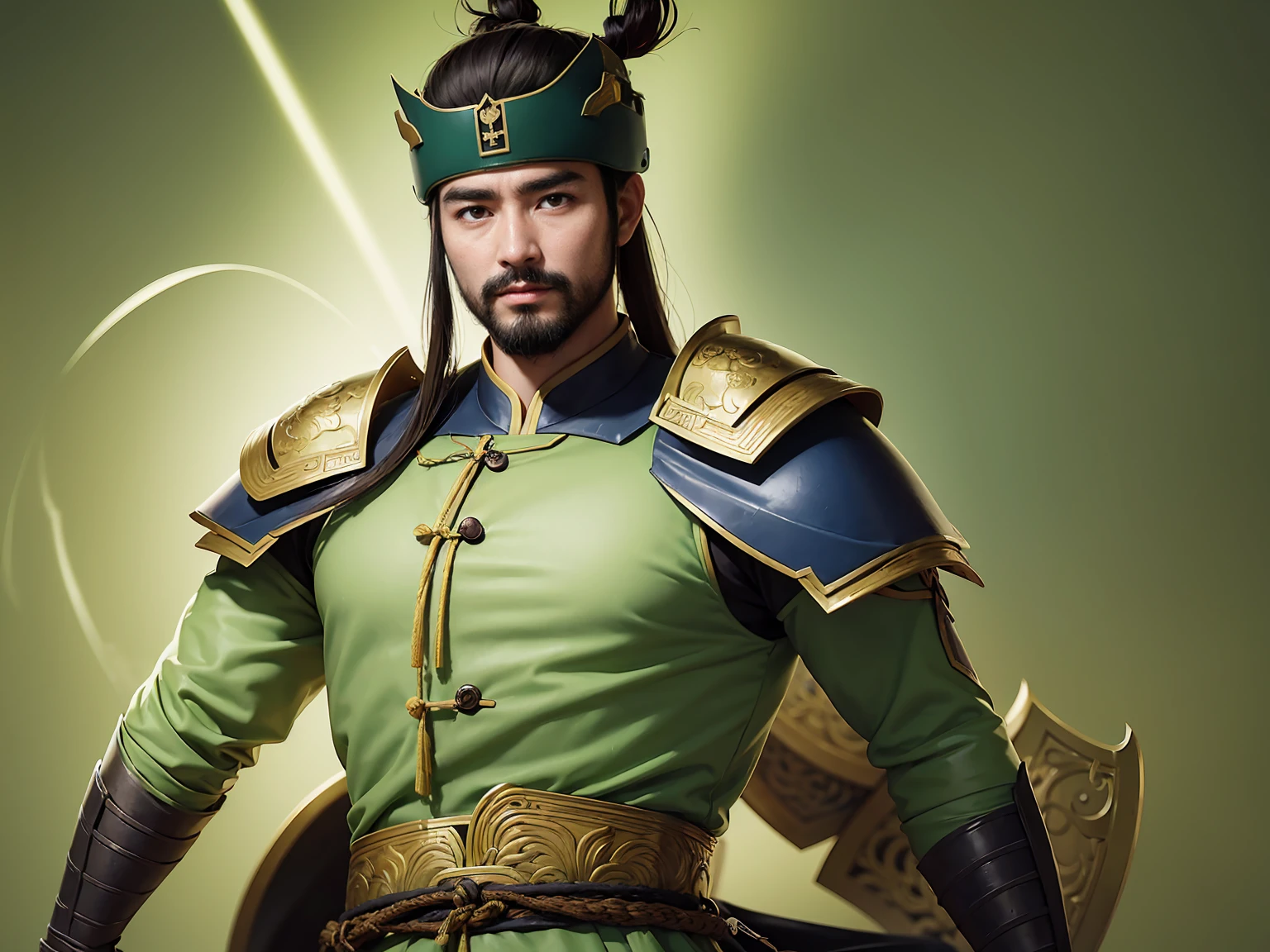 (oil painting art)Full-length portrait of Chinese Liu Bei. His appearance is goat's beard, soft and charismatic. His topknot and light green armor unique to ancient China.