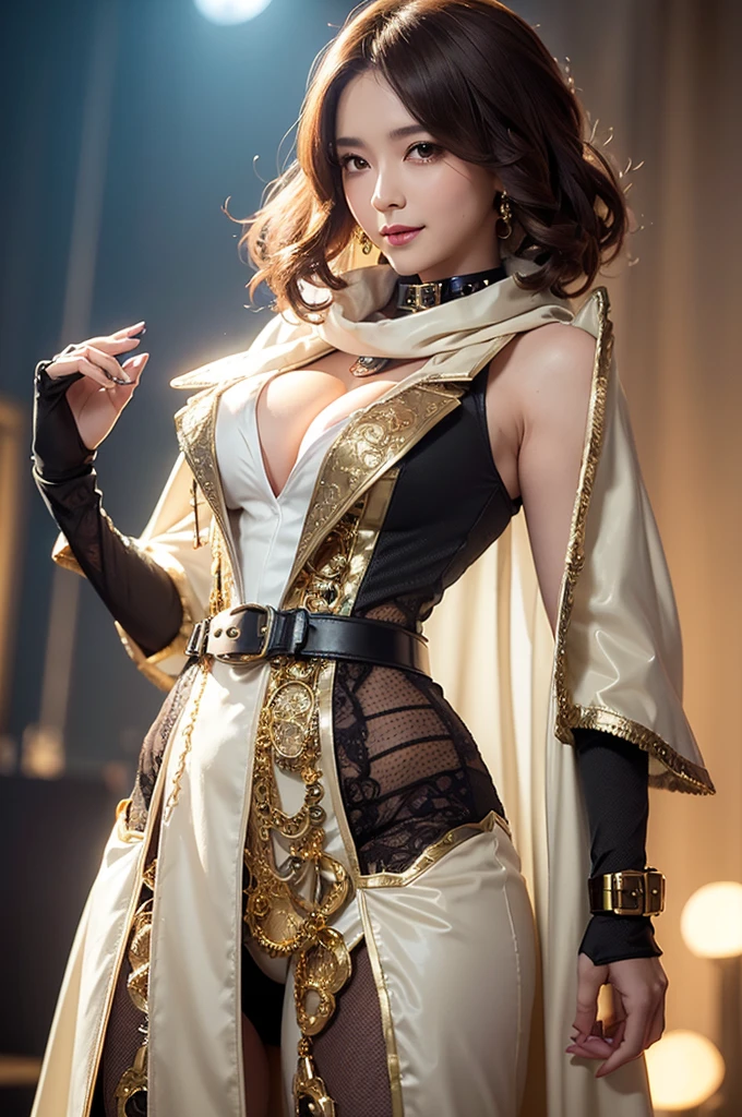 Woman portrait、Highest quality、Rear view、8K, clear, Fine skin、Clear, beautiful eyes、Cleavage、The beauty of a smile、whole body、Curly Hair、My hair was messed up by the wind、(Glamorous Muscle),(Hip_superior, Hip superior), Mature Woman,( Watching the audience),Realistic, High resolution, Soft Light,1 female, One person, Perfect Style, Perfect balance,(Brown hair),short hair,Fine Skin, Naughty look,((Grim Reaper costume with collar)),(cleavage cutout,Yellow-green steampunk ao dai,)),(White steampunk steampunk jacket, High-tech Mecha,Beautiful steampunk cyborg woman on white,Steampunk Mecha Cyborg Girl,Steampunk lime green insect jacket,wrist cuffs,white dress shirt,Gemstone Helmet, jeweled scarf,Steampunk bodystocking,Ao dai with collar,、Gold Belt,Cape,High leg),((arms behind back)),(bokeh),(studio lighting)