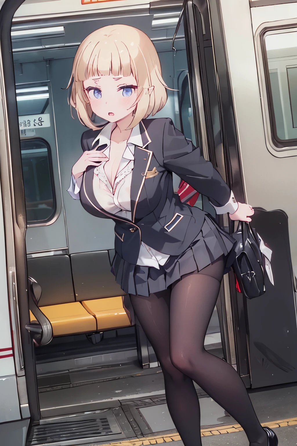 (8K、Highest quality、highest quality、masterpiece)、Detailed face、One girl、on the train、((Pressing her chest against the train window 1.4))、、short hair、、blunt bangs、Grey Eyes、、、((Blazer jacket uniform))、((Pleated skirt))、((No panties))、((bent over))、Back Alley Background、Very large breasts、Nipples are visible、、Black Pantyhose、Milk dripping from nippleilk spurting from the nipple、、Open your mouth、Troubled face、Love juice from the genitals、Full body portrait、Black Loafers、One man、Hearts in the eyes、Sex with a man、A man stands behind、A man grabs my waist from behind