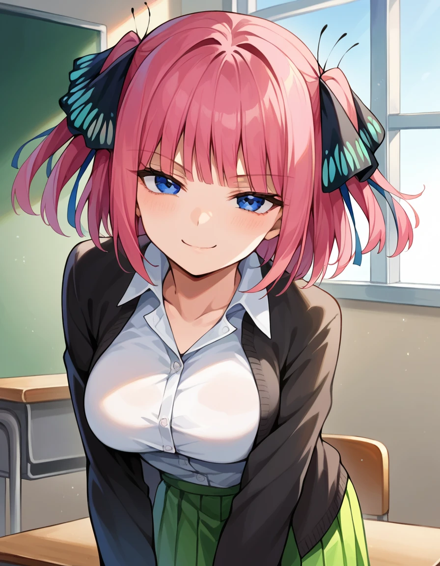 score_9, score_8_up, score_7_up, font_animated,
I was silent, nino nakano, short hair, bangs, blue eyes, hair ornament, hair ribbon, pink hair, blunt bangs, two side up, butterfly hair ornament, mature woman,
skirt, shirt, long sleeves, white shirt, pleated skirt, open clothing, collared shirt, sleeves beyond the wrists, dress shirt, cardigan, green skirt, open cardigan, black cardigan, classroom,
looking at viewer, happy, smug seductive smile, mischievous leaning forward