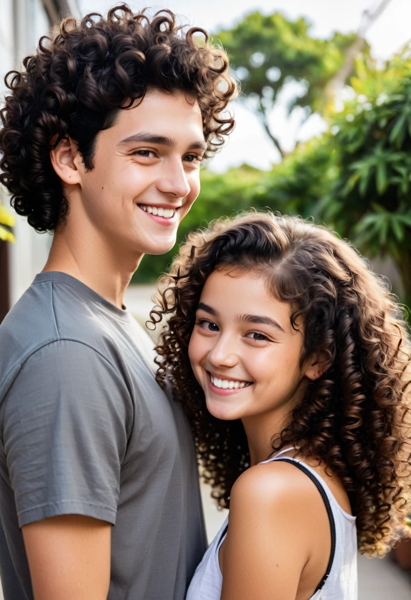 Girl with curly brown hair smiling at boy with straight black hair