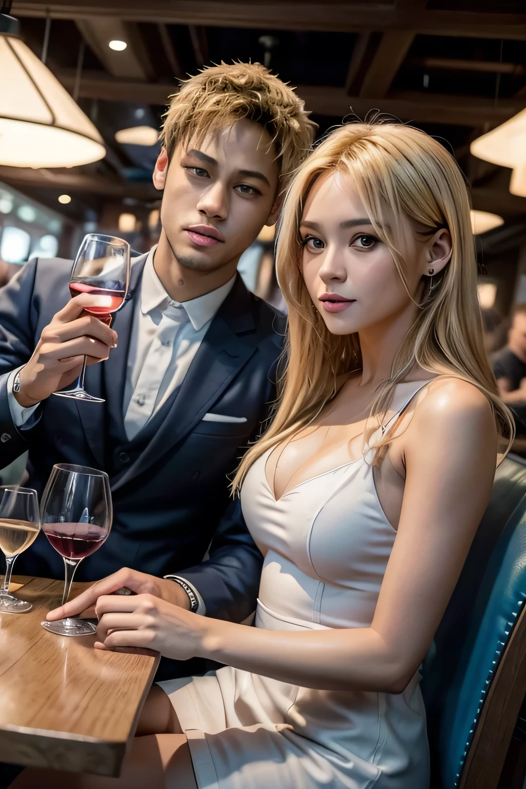 create a photo of the player Neymar jr sitting in a restaurant drinking a glass of wine with a blonde girl with blue eyes sitting next to him