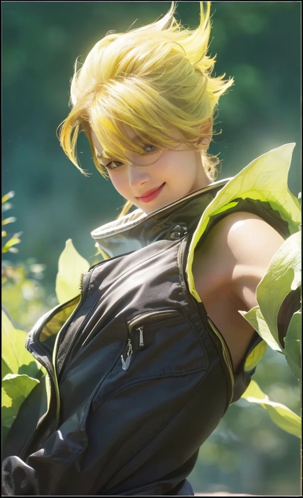 1boy, close up portrait, detailed eyes, detailed lips, extremely detailed face, smiling, yellow hair, flowing hair, sunlight, bright sunny day, soft lighting, warm colors, (best quality,4k,8k,highres,masterpiece:1.2),ultra-detailed,(realistic,photorealistic,photo-realistic:1.37),portrait,natural lighting,vibrant colors,detailed skin texture,glowing skin