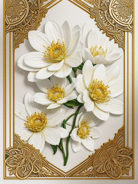 Create a stunning and mesmerizing patchworks White Flowers background, shimmer and detailed design, gold lines borders, UHD drawing , Watercolor, trending on artstation, sharp focus, studio photo, intricate details, highly detailed, by greg rutkowski