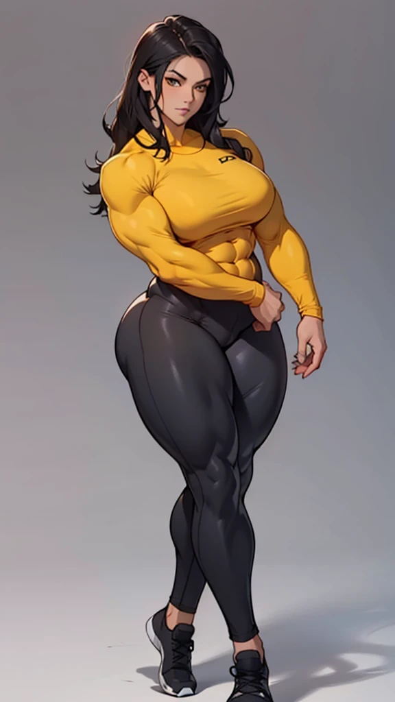 massive breasts huge muscles muscular girl toned body bodybuilder grey background full body leggings tight shirt black hair yellow eyes pale skin long hair thick thighs thick thick thick thick tight long sleeve facing the camera
