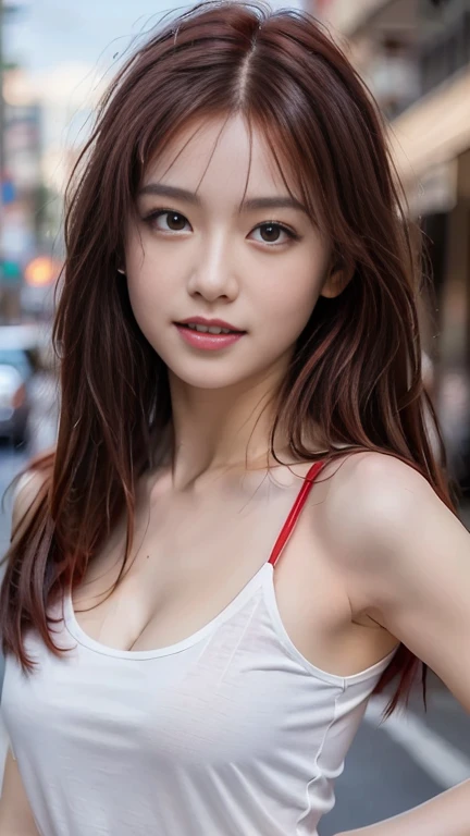 There is a mirage in the background，On the scorching hot asphalt，Shopping Street，One Girl, beautiful woman with slim abs :1.3, (Long hair and loose hairstyle :1.2), ((Red hair:1.5))，Highly detailed face, Narrow eyes, Cut into thin strips，double eyelid, Raise your right arm，Underarm, Model Body Type,Cleavage，Attractive pose，Sweat gushes out，White T-shirt，hot pants:1.5,((Highest quality, 8K, masterpiece :1.3))