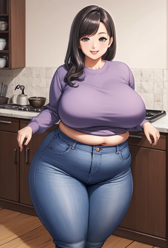 detailed illustration (side view),dynamic angle,ultra-detailed, illustration, pose for the camera, smiling at viewer, clean line art, shading, anime, 2020’s anime style, detailed eyes, detailed face, beautiful face,
1girl, mid 40’s year old Chinese American woman, during the day, in a fancy home, standing in the kitchen , wood paneled walls, beautiful dark wood floors, oriental rugs, obese and thicc,motherly and nurturing, silk waist-long dark hair, big round firm belly, 350 lbs+ weight, 6’ tall, strained purple sweater, soft smile, look cute, tight clothes, tight mom jeans, very wealthy looking, tall, grey eyes, anime eyes, thick thighs, large protruding belly, belly sag, thunder thighs, thighs always touching