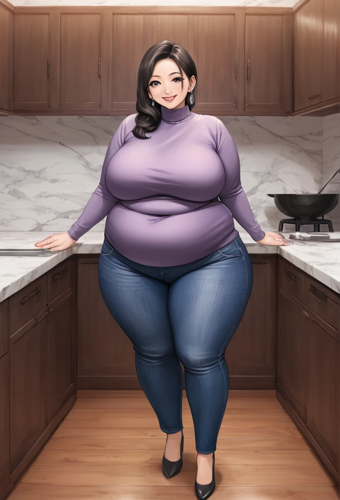 detailed illustration (side view),dynamic angle,ultra-detailed, illustration, pose for the camera, smiling at viewer, clean line art, shading, anime, 2020’s anime style, detailed eyes, detailed face, beautiful face,
1girl, mid 40’s year old Chinese American woman, during the day, in a fancy home, standing in the kitchen , wood paneled walls, beautiful dark wood floors, oriental rugs, obese and thicc,motherly and nurturing, silk waist-long dark hair, big round firm belly, 350 lbs+ weight, 6’ tall, strained purple sweater, soft smile, look cute, tight clothes, tight mom jeans, very wealthy looking, tall, grey eyes, anime eyes, thick thighs, large protruding belly, belly sag, thunder thighs, thighs always touching