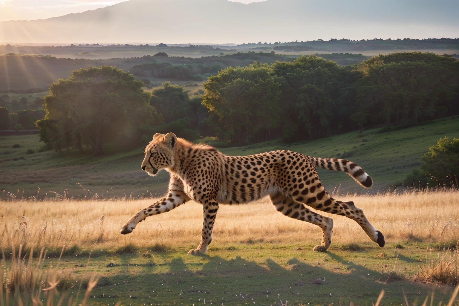 (best quality,4k,8k,highres,masterpiece:1.2),ultra-detailed,(realistic,photorealistic,photo-realistic:1.37),cheetah,muscular defined body,sharp intense eyes,running across grassland,sunset rays,high-speed motion blur,wildlife photography,rich details,HD quality,3D rendering,vivid colors,studio lighting