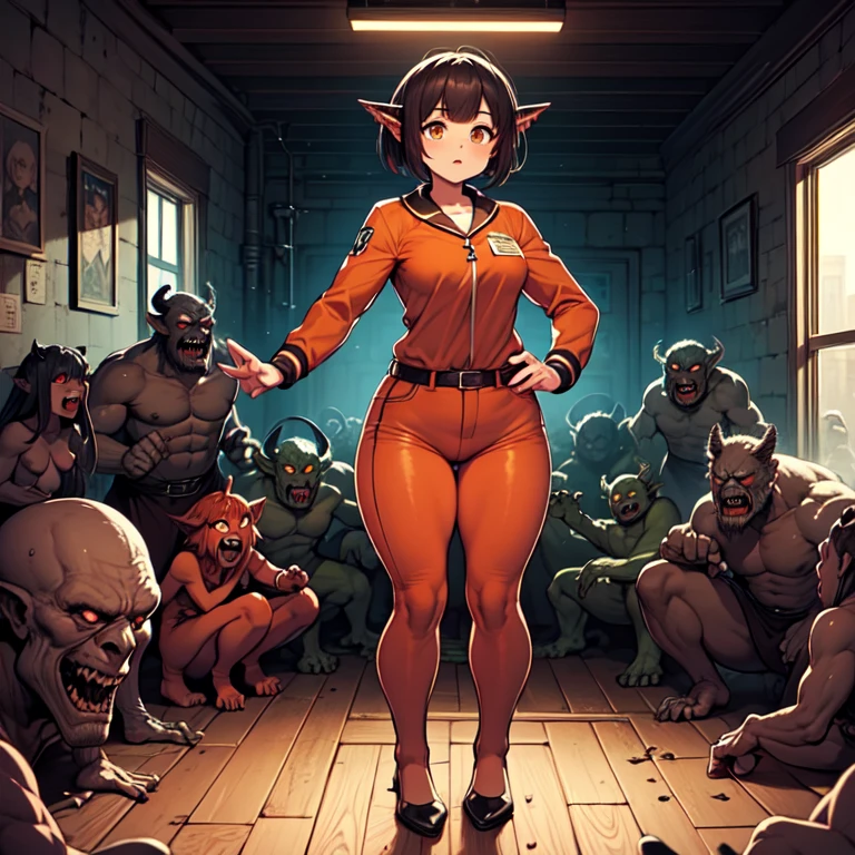 masterpiece,best quality,highly detailed
6+girls,monster girls,bat (animal),hybrids,muscular female,full body,wearing an orange prison uniform, standing in the rec room,indoors,dark theme,(((many monster girls around in background))),