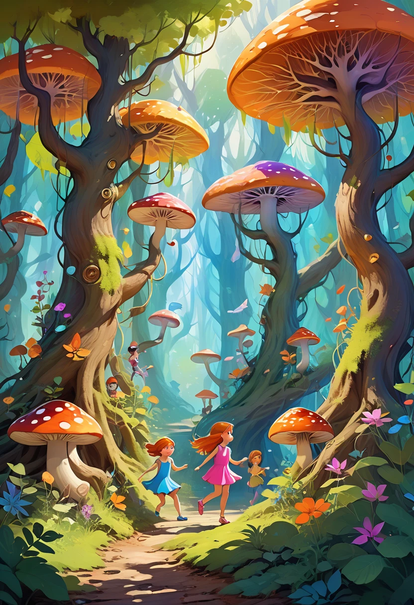 A fantastic and colorful illustration showing a group of children playing and exploring in a magical forest. Trees have unusual shapes and colors, with branches that twist and intertwine, creating an environment full of magic and wonder.

Children run and jump over raised roots, surrounded by bright flowers and luminous mushrooms. Some have stopped to observe small magical creatures that float and flutter around them, like fairies and elves. Others are building shelters with branches and leaves, giving life to your dreams.

The color palette is vibrant and saturated, with intense shades of green, blue, purple, orange and pink that give the scene an ethereal and dreamlike appearance. The lighting is warm and diffuse, creating an enchanted and welcoming atmosphere.

Focus on capturing joy, the curiosity and overflowing imagination of children as they interact with this fantastic world. that every detail, from the textures of the vegetation to the expressions on the faces, convey a sense of wonder and unlimited possibilities."

It&#39;s prompt, I have tried to provide clear instructions on:

The magical and fantastic environment of the forest The activities and emotions of the children The use of a vibrant and warm color palette The lighting and the immersive atmosphere